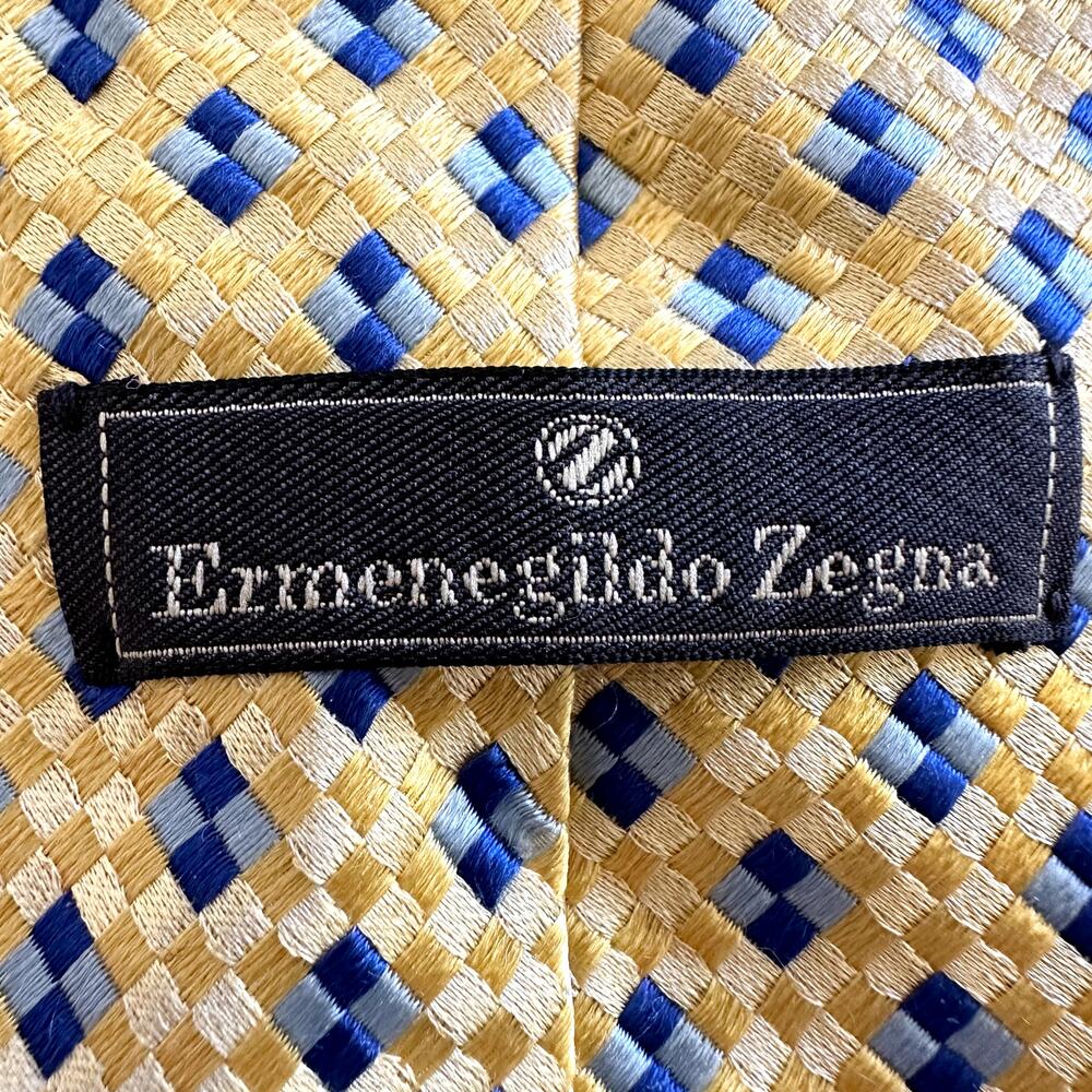 Ermenegildo Zegna 100% Silk Tie Made in Italy Gingham Check Yellow Blue One Size - Picture 2 of 5